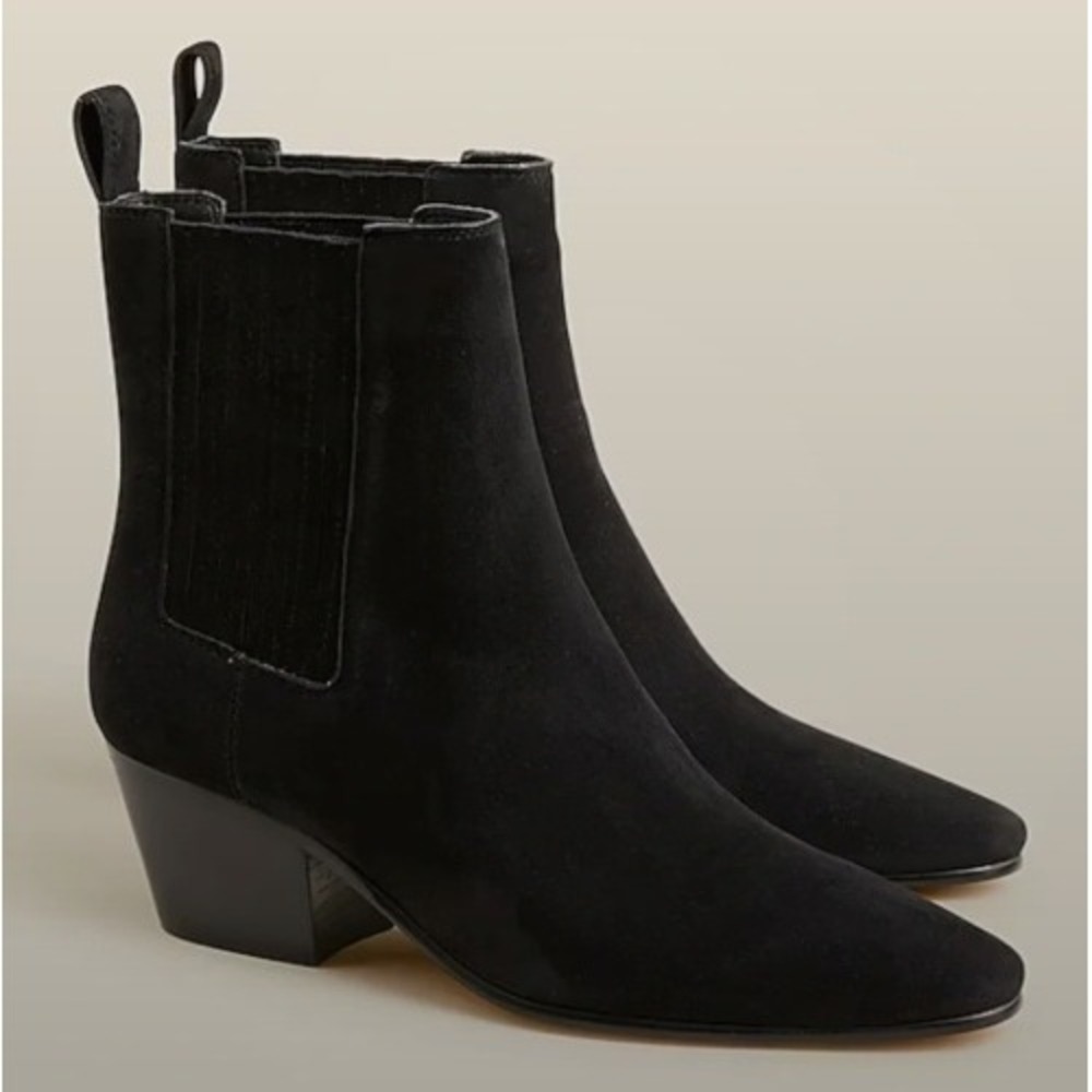 J.Crew Piper Black Suede Pointed Toe Chelsea Ankle Booties Pull On Boots 6.5 - Picture 2 of 11